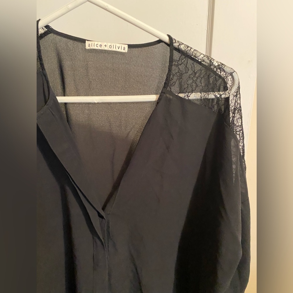 Alice + Olivia black blouse with lace shoulders